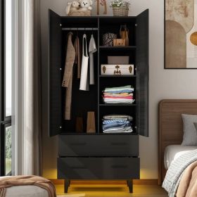 Matte Black Mid-Century Wardrobe Armoire with Louver Doors and LED Lights