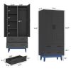 Matte Black Mid-Century Wardrobe Armoire with Louver Doors and LED Lights