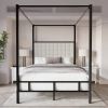 King size Black Metal Canopy Bed with Upholstered Button-Tufted Headboard