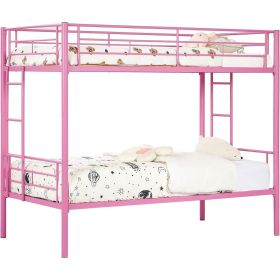Pink Metal Twin over Twin Bunk Bed Frame with Two Side Ladders