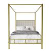 Queen size Gold Metal Canopy Bed with Upholstered Button-Tufted Headboard
