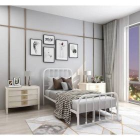 Twin White Metal Bed Frame with Slatted Rounded Corners Headboard and Footboard