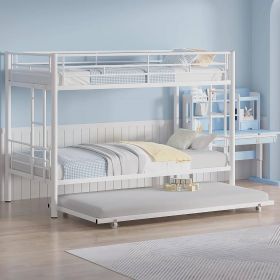 White Metal Twin over Twin Bunk Bed with Twin size Roll-Out Trundle Bed Frame